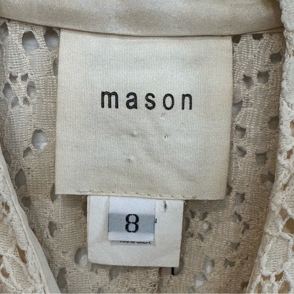 Mason Beige Eyelet Ruffle Tuxedo Blouse Silk Lined Size 8 Like New - Picture 3 of 6